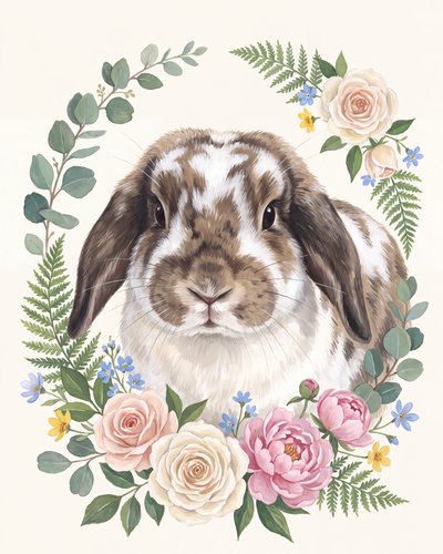 Example portrait in the Botanical style: a lop-eared rabbit framed by a wreath of roses, peonies and ferns