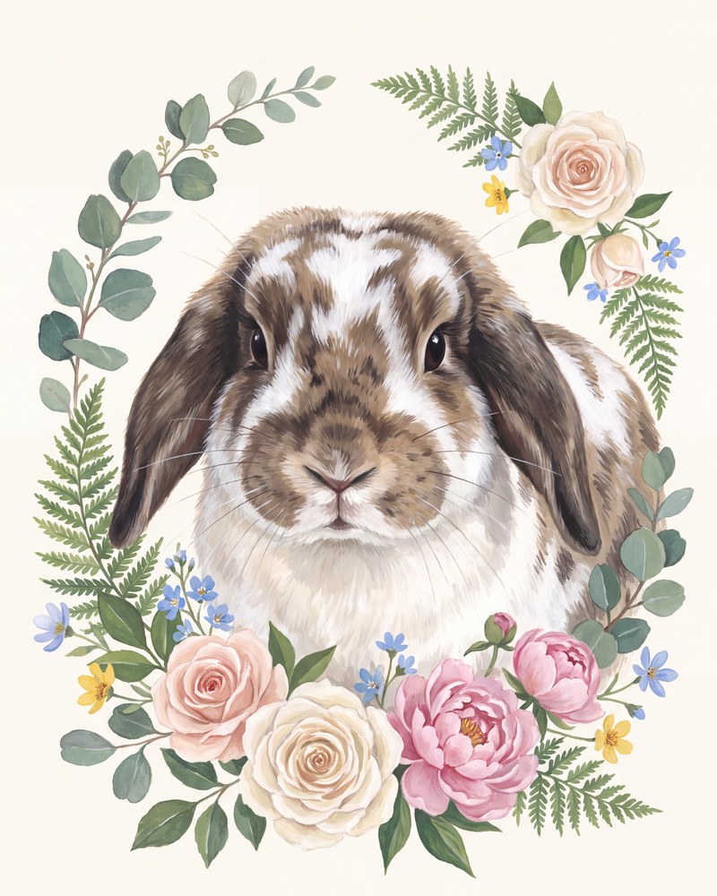 Example portrait in the Botanical style: a lop-eared rabbit framed by a wreath of roses, peonies and ferns