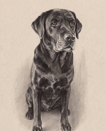 Example portrait in the Charcoal style: a black labrador drawn in charcoal and pencil on toned paper