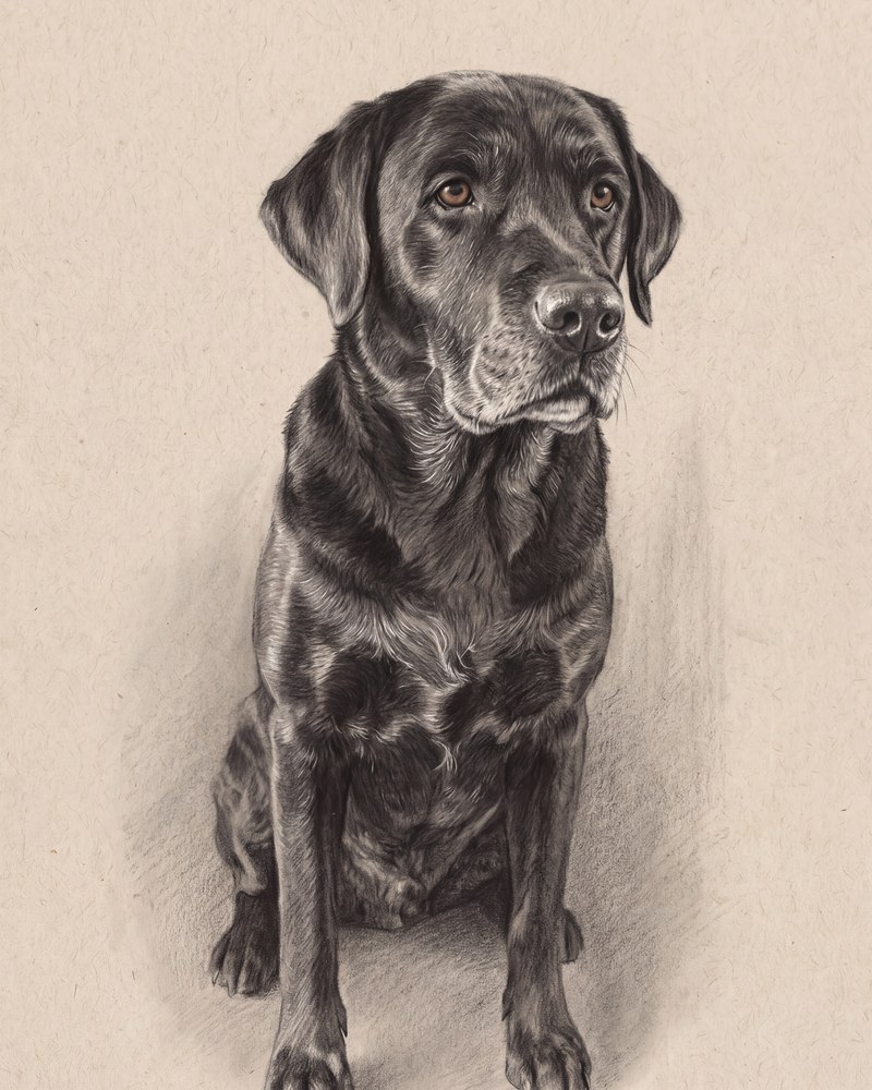 Example portrait in the Charcoal style: a black labrador drawn in charcoal and pencil on toned paper
