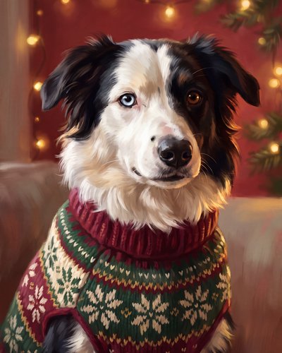 Example portrait in the Festive style: a black and white collie in a knitted Christmas jumper with fairy lights