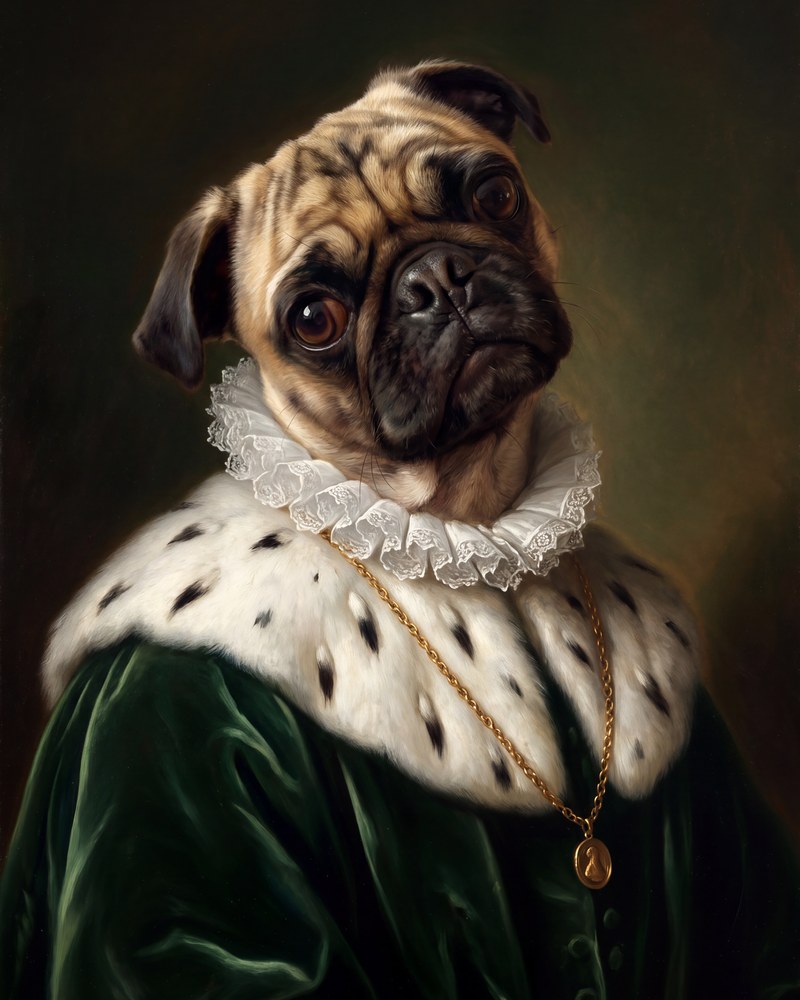 Example portrait in The Noble style: a fawn pug painted as a Renaissance noble in a green velvet cloak, ermine and a lace ruff