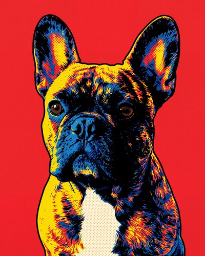 Example portrait in the Pop style: a brindle French bulldog in bold screen-print colours on red