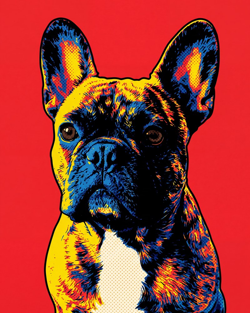 Example portrait in the Pop style: a brindle French bulldog in bold screen-print colours on red