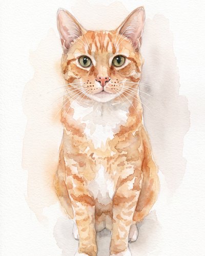 Example portrait in the Watercolour style: a ginger and white tabby cat in soft washes on textured paper